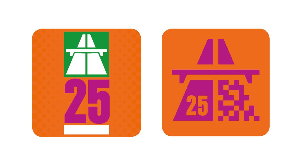 Die Autobahn-Vignette 2025 ist orange. Links die Klebevariante, rechts das Icon zur digitalen Version. 